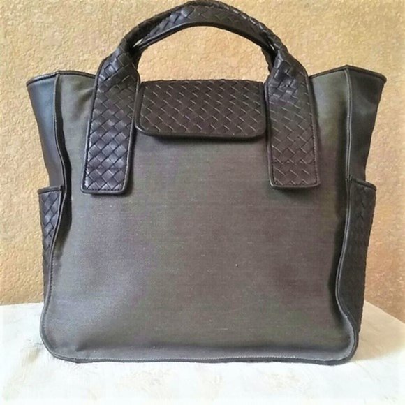 BCBG MAXAZRIA Leather Canvas Laptop Tote Bag NWOT - Picture 1 of 8